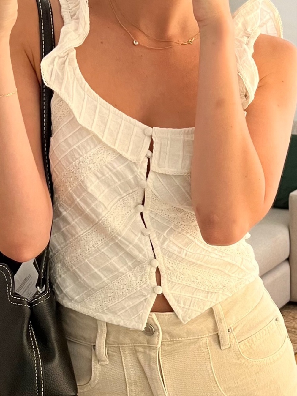 Free People Ivory Ruffle Button-Front Tank - Picture 1 of 1